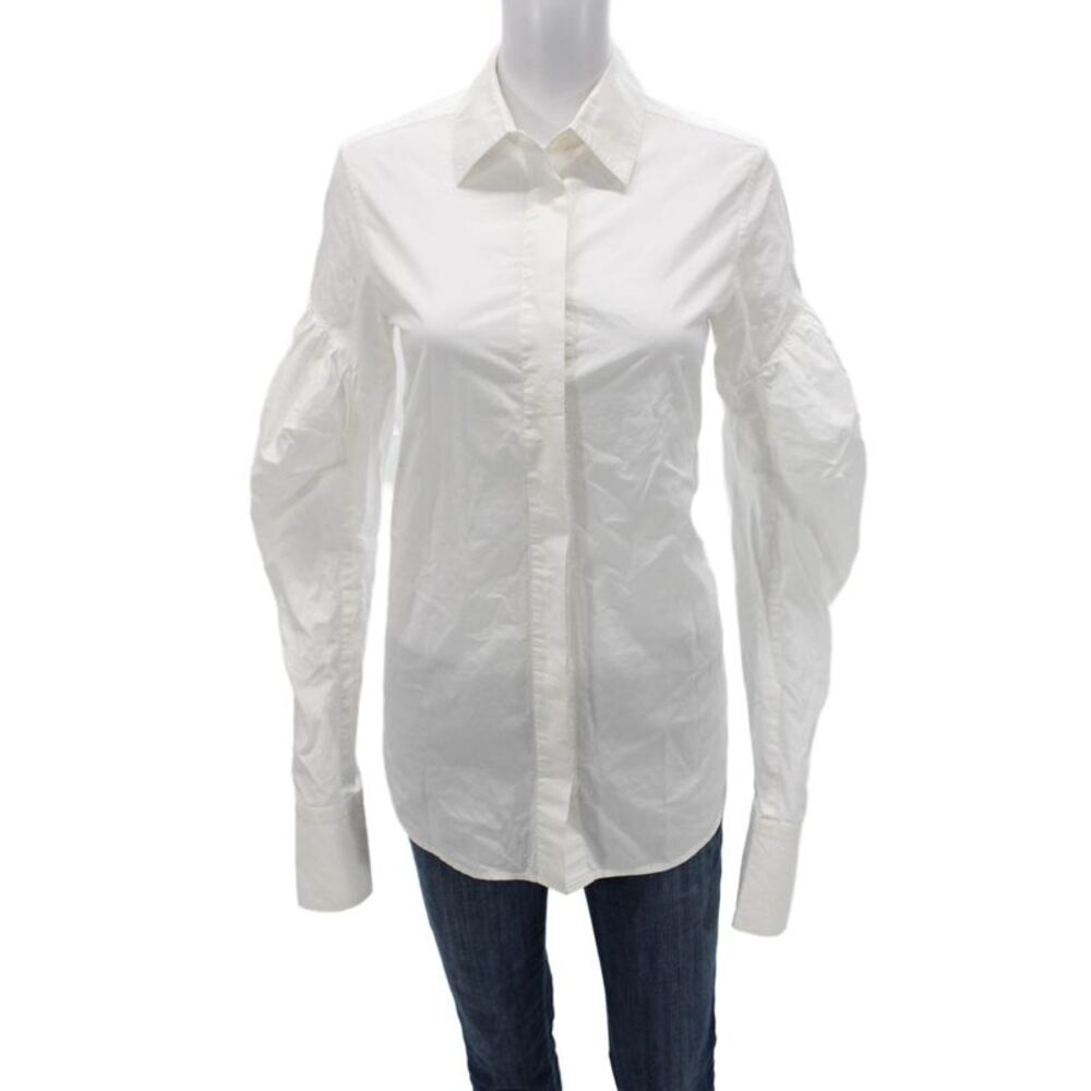 Vera Wang Women Basic Blouse White Cotton Collared Long Sleeve Size 2
